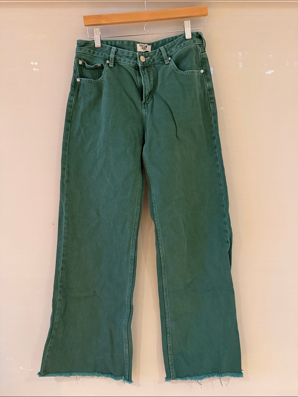 High-Rise Green Wide-Leg Jeans with Raw Hem